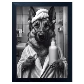 ARTZIO Funny Dog Bath Art-German Shepherd in Bathrobe Canvas Print,Cute Bathroom Decor for Pet Lovers,Framed Ready to Hang(8x10 Inches)
