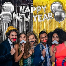 BRAVESHINE Black Gold Foil Fringe Curtain Backdrop - 2 Pack 3.2 x 8.2 ft Metallic Tinsel Photo Booth Streamers Curtains for 50th Birthdays Christmas New Years Anniversary Graduates Party Decorations