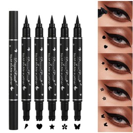 5Pcs Double-headed Liquid Eyeliner Stamp Pencil Set, Winged Eyeliner Stamp Pen Long-lasting Black Tattoo Eye-liner delineador de ojos,(Heart/Flower/Star/Butterfly/Cone) Shape Eye Liner Stamp for Women