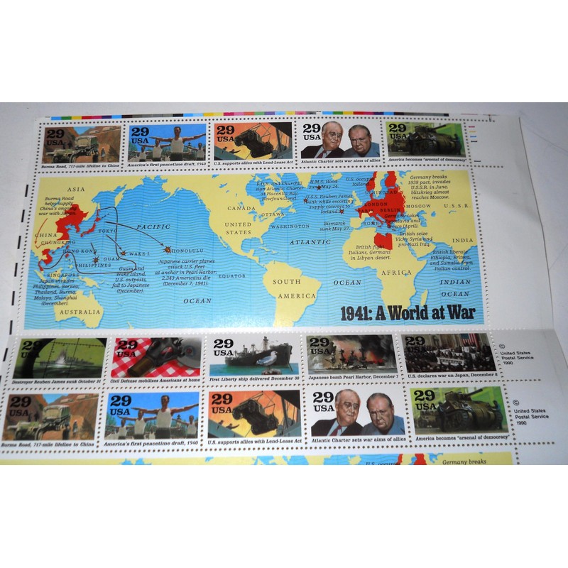 1941 WWII A World At War Collectible Stamp Sheet