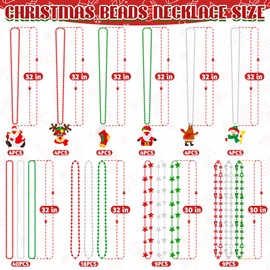 200PCS Christmas Beads Necklace Bulk, 18 Kinds Red Green Silver Necklace Accessories, 32" Snowman Santa Pendant Christmas Necklaces Party Supplies, Xmas Decor for Xmas New Years Ugly Sweater Party