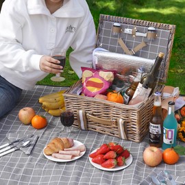 Wicker Picnic Basket for 2 - Willow Basket with Waterproof Picnic Blanket | Willow Picnic Set with Insulated Cooler | Wicker Hamper with Cutlery Kit | Gift Basket for Christmas, Thanks Giving, Grey