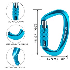 BRAVESHINE 2 Pack Carabiner Clip Heavy Duty, 12KN Auto Locking Carabiner, Twist Lock Carabiner Keyring, D Clips Hook for Hiking, Camping, Hammock, Dog Lead, Swing
