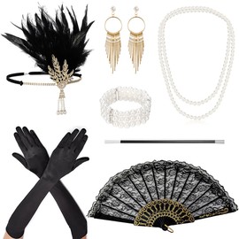 9pcs 1920s Accessories Set, Great Gatsby Flapper Accessories Fashion Headband Gloves Earrings Necklace Bracelet Fan for Women