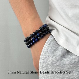 SAMOCO 12Pcs Tiger Eye Bracelets For Men Natural Stone 8mm Beads Bracelets Set Stretch Adjustable Lava Rock Black Crystal Beaded Bracelet for Men Women Gifts