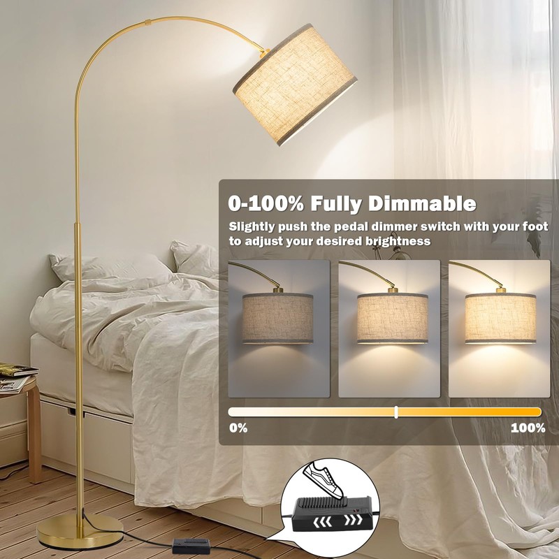 Gold Arc Floor Lamp, Dimmable Floor Lamp for Living Room,
