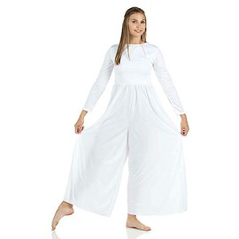 Danzcue Womens Long Sleeve Crew Neck Jumpsuit, White, Medium