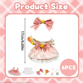 6-Piece Magic Girl Set for 17cm Dolls, Includes White Lace Dress, Pink Skirt, Bow, Magic Wand, Camera Necklace, Pearl Heart Necklace, Dress to Impress Dolls(No Doll）