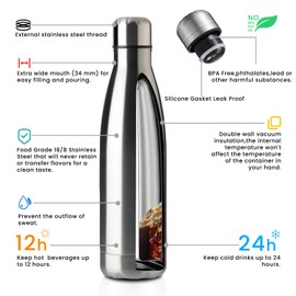 MEWAY 17oz Sport Water Bottle 12 Pack Vacuum Insulated Stainless Steel Sport Water Bottle Leak-Proof Double Wall Cola Shape Water Bottle,Keep Drinks Hot & Cold (Silver,12 Pack)