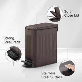 TIPGO Slim Bathroom Trash Can with Lid Soft Close, Step Pedal, 6 Liter / 1.6 Gallon Stainless Steel Trash Bin, Small Garbage Cans for Bedroom, Office, Kitchen (Brown)