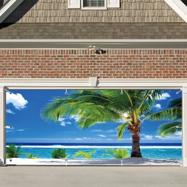 CSFOTO 7x16ft Tropical Beach Garage Door Decorative Banner Summer Palms Blue Sky White Clouds Garage Decorative Mural Wallpaper Aloha Luau Theme Summer Outdoor Party Banner, GB-Sea0001