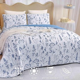 Nanko Quilt Set King Size 3 Pcs, Blue White Floral Leaf Spring Bedspreads, Soft Lightweight Coverlet Bed Spreads, Farmhouse Thin Quilted Comforter Flower Bedding Set for Women Girl, 104 x 90 Inch