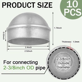 Yaocom 10 Pcs 2-3/8" Chain Link Fence Post Cap Round Dome External Post Caps Aluminum Chain Link Only Use for Outside Diameter Outdoor Fence Parts, Silver