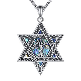 POPLYKE Star of David Necklace Sterling Silver Hebrew Chai (Life) Abalone Shell Pendant Jewish Token Jewellery, Sterling Silver