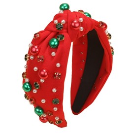 Mdscve Christmas Head Bands for Women's Hair Knotted Headband With Pearl Rhinestone Hair Bands for Women's Hair Non Slip Wide Top Girls Headbands Crystal Beaded Headwear Christmas Accessories (Red)
