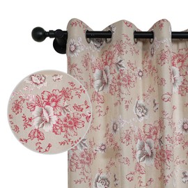 Floral Print Linen Curtains Red Vintage Flower Decorative Window Curtain Panel Light Filtering Farmhouse Grommet Drapes for Living Room Bedroom, 2 Panels, 52 x 84 Inch