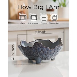 KOKUNKA Fruit Bowl, Porcelain Oval Bowl for Kitchen Counter Large Decorative Bowl for Home Decor Centerpiece Bowl for Fruit, Vegetable, Breads, Nuts, Blue