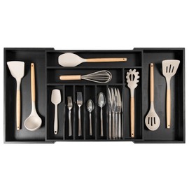 KitchenEdge Premium Silverware, Flatware and Utensil Organizer for Kitchen Drawers, Food-Safe Contract Grade, Expandable from 18 to 33 In, Black Bamboo