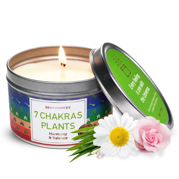 MAGNIFICENT 101 7 Chakras Plants Smudge Candle for Harmony and Balance, House Energy Cleansing, Banishes Negative Energy I Purification and Chakra Healing - Natural Soy Wax Tin Candle