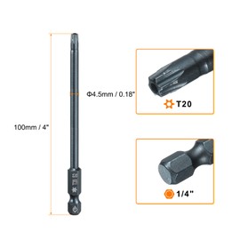 HARFINGTON 2pcs T20 Torx Screwdriver Bit 1/4" Hex Shank 4" Long S2 Steel Magnetic 6 Point Screw Driver Bits Industrial Grade Tamper Proof Star Drill Bits with Hole Torx Head