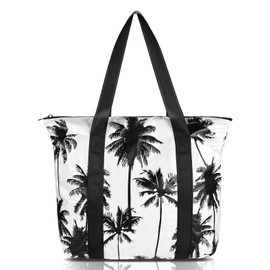 GRQ Hawaiian Vibes Large Beach Tote Bag Local Designer Creation Waterproof Lightweight with Expandable Top Zipper Closure (Palm)
