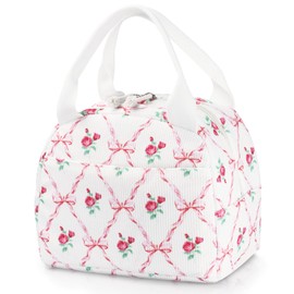 BuyCard Insulated Lunch Bag Women, Reusable Corduroy Cute Lunch Box, Leakproof Floral Lunch Tote Bag with Large Capacity, Small Cooler Lunch Container for Work Office Travel Picnic (Rose Bow)