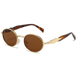 YAMEIZE Retro Oval Gold Sunglasses Women Men Small Round Sunglasses Vintage 90s Sun Glasses Metal Frame UV400 (Gold Leopard Brown)