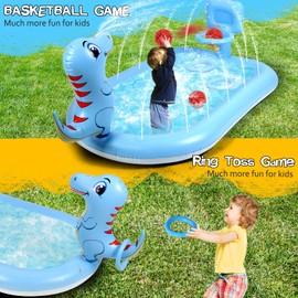 Splash Pad Sprinklers for Kids, 3 in 1 Inflatable Kiddie Pool Play Center Including Basketball Game and Ring Toss Game, 63inch Dinosaur Design Indoor Outdoor Water Play Mat for Toddlers 3-5 Boys Girls