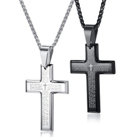 LOYALLOOK 2pcs Men's Stainless Steel Silver Black Tone Cross Pendant Lord's Prayer Necklace 24 Inch (1 Silver Tone+1 Black Tone Wheat Chain)