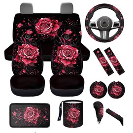 Dngkaoje Romantic Rose Car Seat Covers Full Set 13 Pack Vintage Red Rose Car Accessories Set with Steering Wheel Covers,Universal Collapsible Garbage Bin,Cup Holders,Armrest Cushion Pad