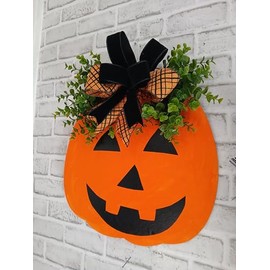 Fall Door Wreath, Decorative Wood Pumpkin, Hanging Front Door Decor