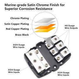 RECOIL MFH13 3-Way Mini-ANL Fused Distribution Block, 3 X 0/2/4 Gauge in / 3 X 4/8 Gauge Out Fused Distribution Block with 60A, 80A, 100A Fuses, Solid Brass for Maximum Power Transfer