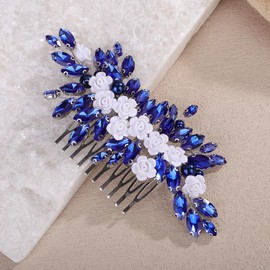 Teyglen Flower Rhinestone Wedding Hair Comb Floral Crystal Hair Piece Blue Crystal Hair Side Comb Flower Bridal Headpiece Hair Accessories for Women (Blue)