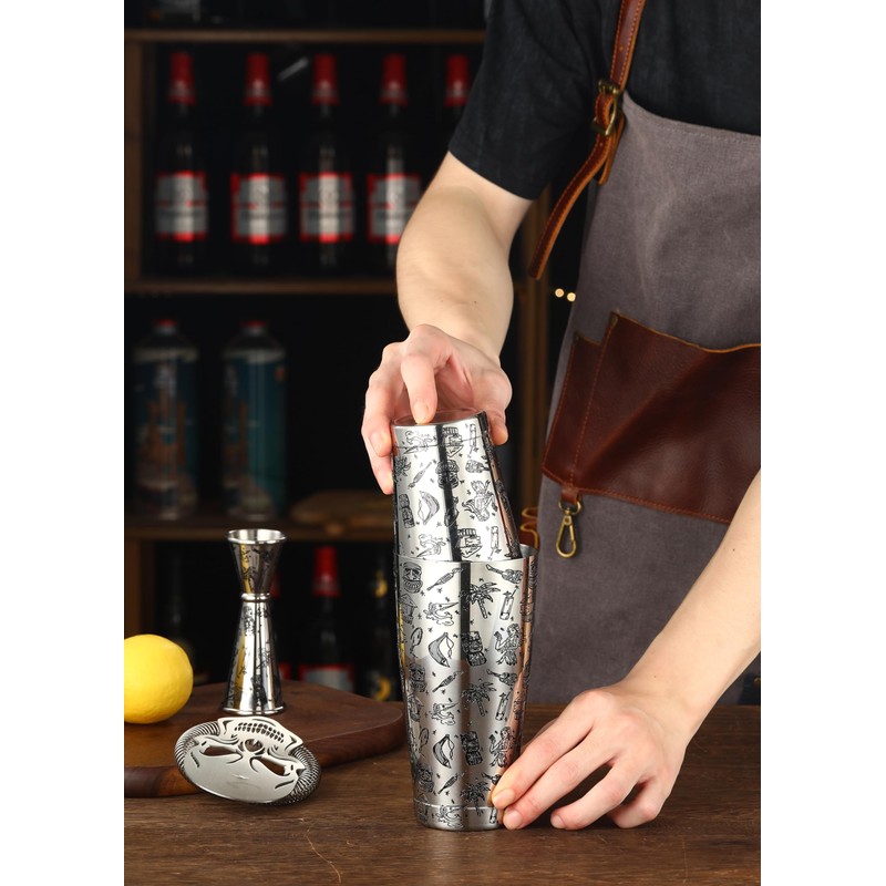 Weighted Boston Shaker Cocktail Shaker Etched with Tiki Imagery (Tiki