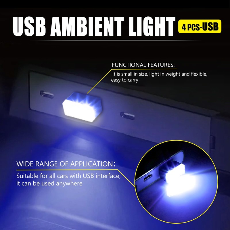 4 PCS USB LED Car Interior Atmosphere Lamp, Portable Mini