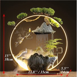 HSINYA Ceramic Water Fountains Indoor Waterfall with LED 3 Ceramic Animals Mist Water Fountain with Backflow Incense Holder for Feng Shui Strees Relief Wealth-Booming Japanese Decor (Animal)