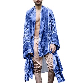 RAGEMALL Men Long Cardigan Lightweight Kimono Robe Loose Casual Open Front Ruffle Shawl Collar Drape Cape Vintage Cloak Outwear Navy Blue S