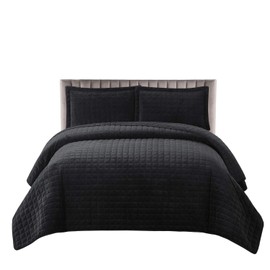 Royal Tradition Plush Velvet Black Coverlets, Full Oversized 3pc Quilt Set (92-Inch Wide x 96-Inch Long) All Seasons Quilted Checkered Bedspread