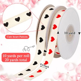 20 Yard x 5/8 Inch 100% Cotton Twill Tape Ribbon Cute Heart White and Black Red Herringbone Natural Ribbon for Gift Wrapping Sewing Crafts Home Decor Floral Arrangements, 2 Rolls