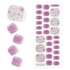 KING HORSE Semi Cured Gel Pedi Strips (Summer Blossom) Purple Flower Pedicure Wraps Toenail Stickers Glitter Long Lasting Work with UV Light