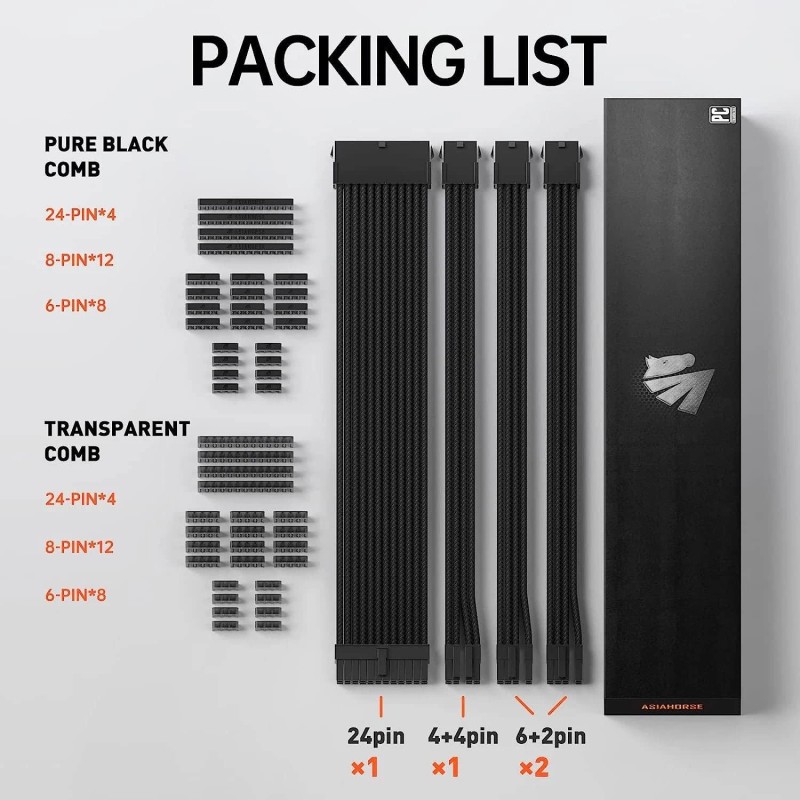 Asiahorse Black Sleeved PSU Extension Cable Kit 18AWG Cotton Custom