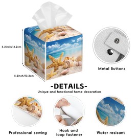 Beach Starfish Tissue Box Cover,Seashells PU Leather Tissue Box Holder Square,Modern Home Decoration for Bathroom Living Room Kitchen Office Car,5.2"×5.2"×5.2"