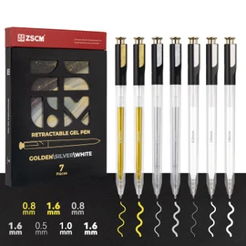 ZSCM Retractable Gel Pens,7 Pack Large Capacity White Gold Sliver Gel Ink Pens, 1 mm Fine Point Smooth Writing Color Pens for Adult Coloring Book Note Taking Aesthetic Art Supplies