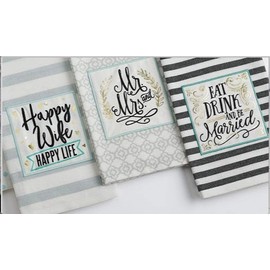 DII Design Imports Bundle Set 3 Wedding Just Married Embellished Kitchen Dish Towels - Mr. and Mrs. - Happy Wife Happy Life - Eat Drink and Be Married