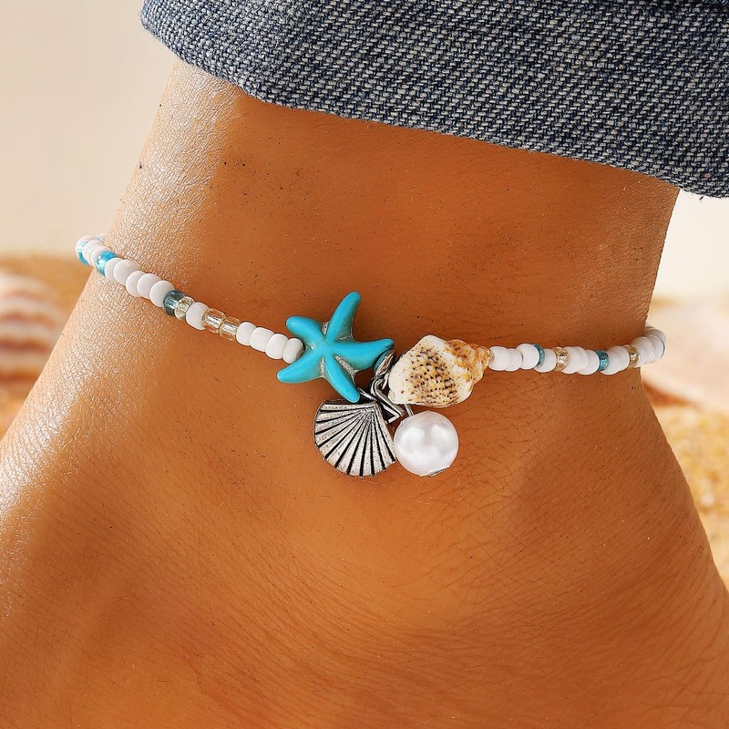 Anmpab Bohemian Starfish Seashell Pearl Anklet Bracelet for Women Adjustable