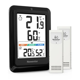 Newentor Indoor Outdoor Thermometer Wireless, Outside Inside Thermometers with Comfort Indicator, 4in Remote Temperature Monitor Hygrometer, Weather Station for Home Patio, Black with 2 Sensors