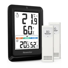 Newentor Indoor Outdoor Thermometer Wireless, Outside Inside Thermometers with Comfort Indicator, 4in Remote Temperature Monitor Hygrometer, Weather Station for Home Patio, Black with 2 Sensors