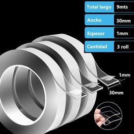 Reutilizable Nano Tape,3 Rollos*3M(Total 9M),Cinta Doble Cara Transparente,Cinta Nano Tape Lavable Sin Rastros,Cinta Doble Cara Extrafuerte Hesivos Para Pared,Cocina,Alfombra,Fijación de Fotos