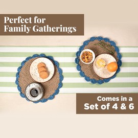 Folkulture Jute Placemats | Set of Four Circular Placemat | 13.5 Inches | Woven Scalloped Placemats for Kitchen Table | Round-Table Place Mat | Brown Round Heat Resistant Mats (Blue, Set of 4)