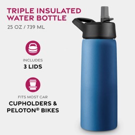 Triple-Insulated Stainless Steel Water Bottle with Straw Lid - Flip-Top Lid - Wide-Mouth Cap (25 oz) Insulated Water Bottles, Keeps Hot and Cold - Sports Canteen Water Bottle